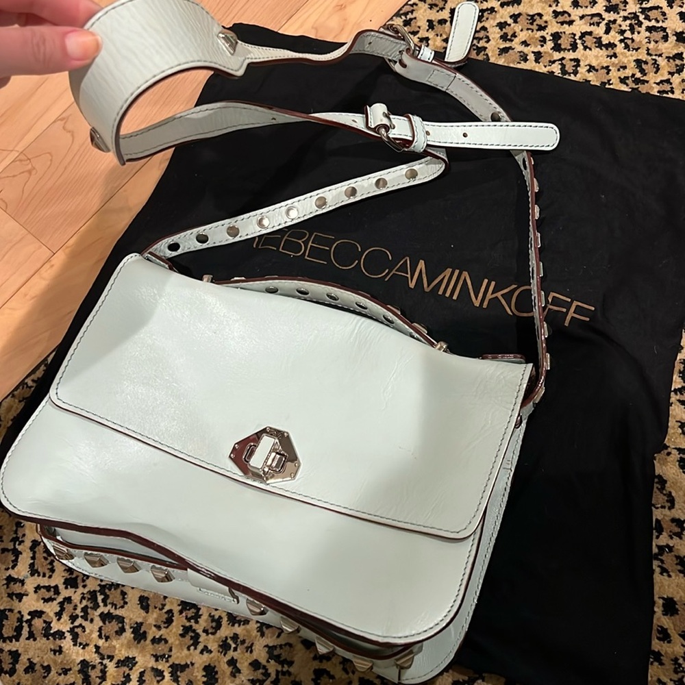 Rebecca Minkoff studded pale teal leather purse with adjustable shoulder strap
